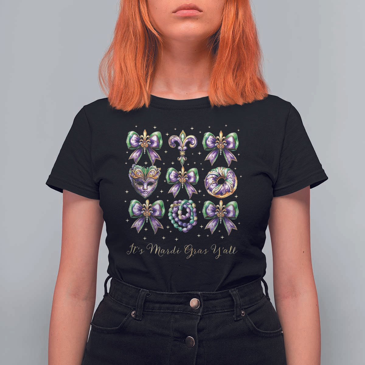 Coquette Bow Mardi Gras T Shirt For Women It's Mardi Gras Y'all Fleur De Lis Mask