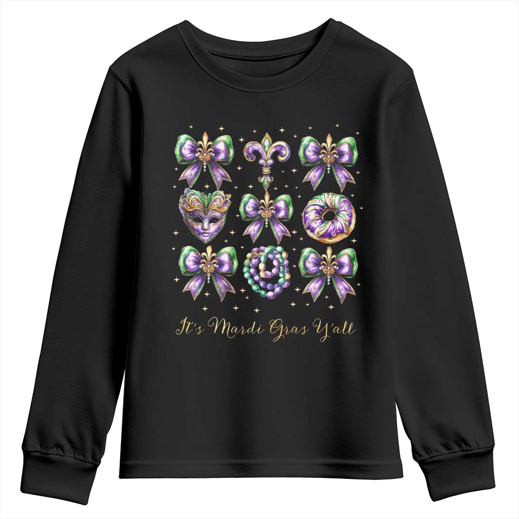 Coquette Bow Mardi Gras Youth Sweatshirt It's Mardi Gras Y'all Fleur De Lis Mask