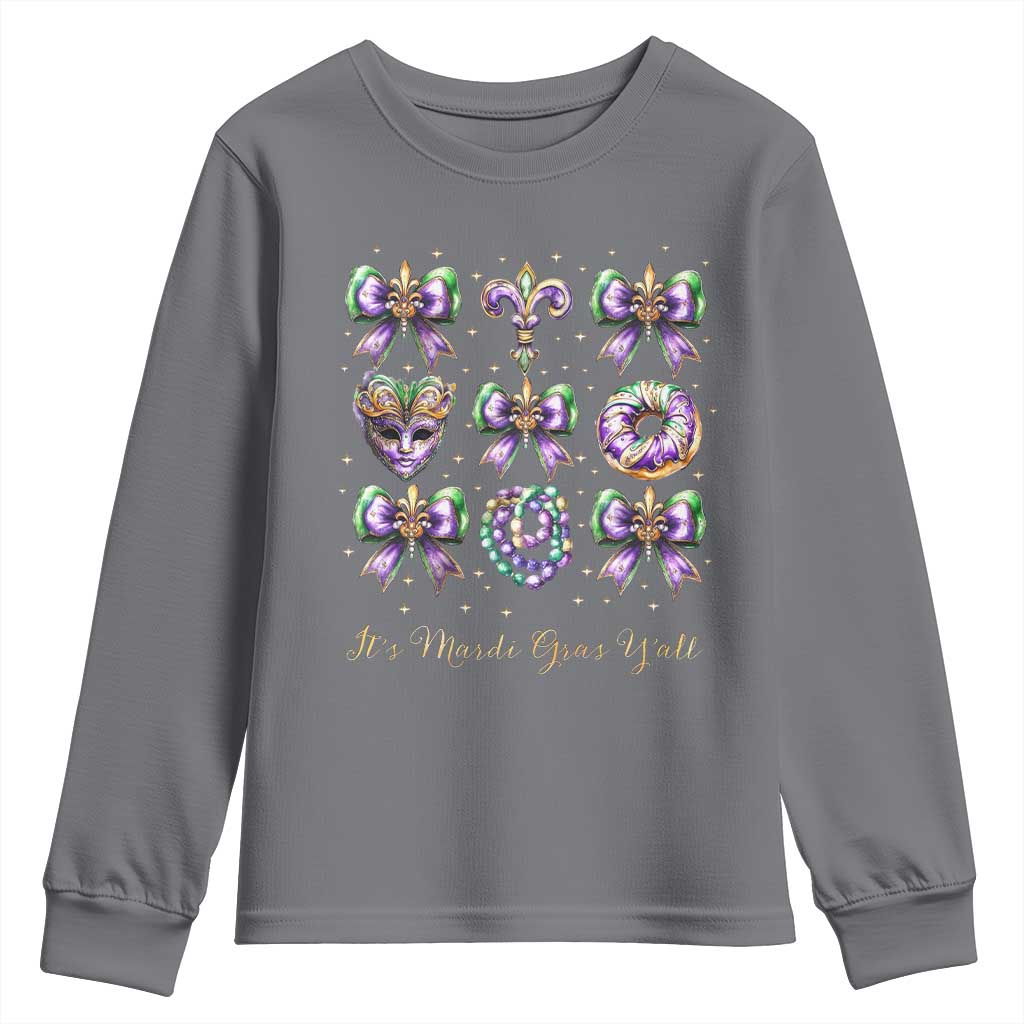 Coquette Bow Mardi Gras Youth Sweatshirt It's Mardi Gras Y'all Fleur De Lis Mask