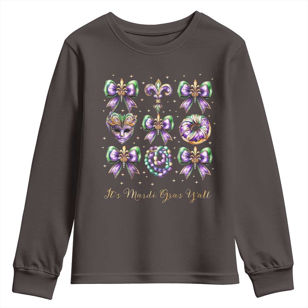 Coquette Bow Mardi Gras Youth Sweatshirt It's Mardi Gras Y'all Fleur De Lis Mask