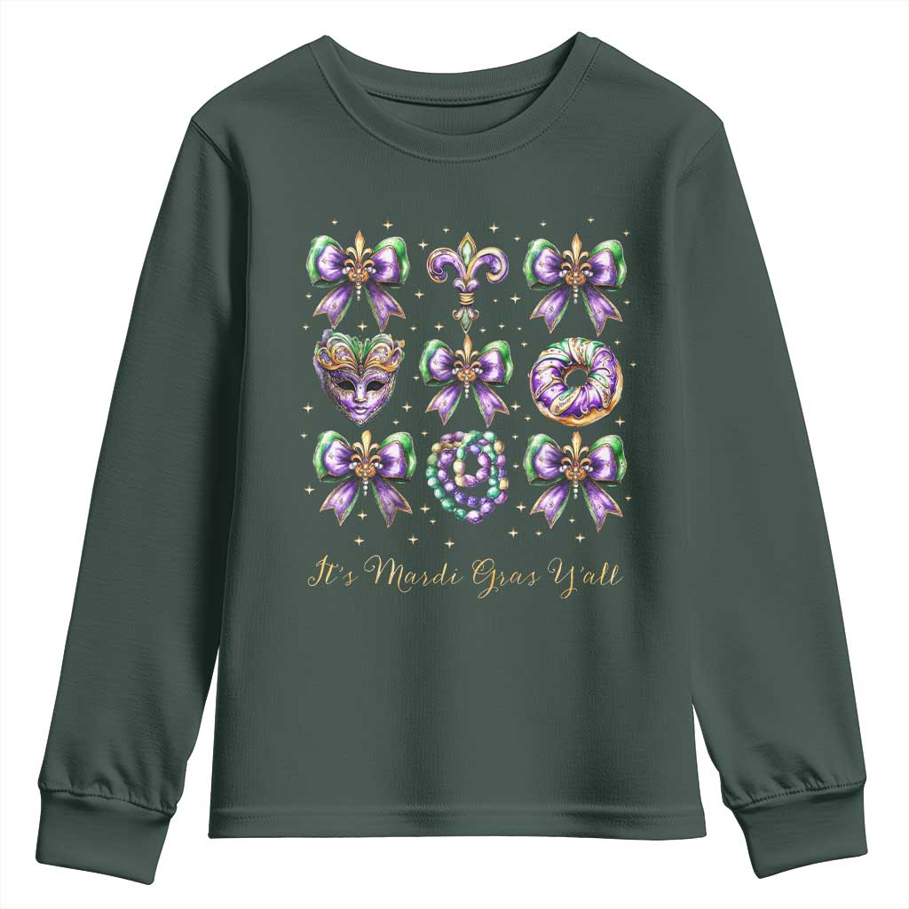 Coquette Bow Mardi Gras Youth Sweatshirt It's Mardi Gras Y'all Fleur De Lis Mask