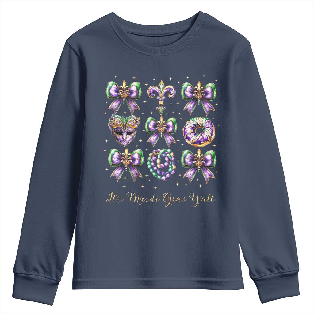 Coquette Bow Mardi Gras Youth Sweatshirt It's Mardi Gras Y'all Fleur De Lis Mask