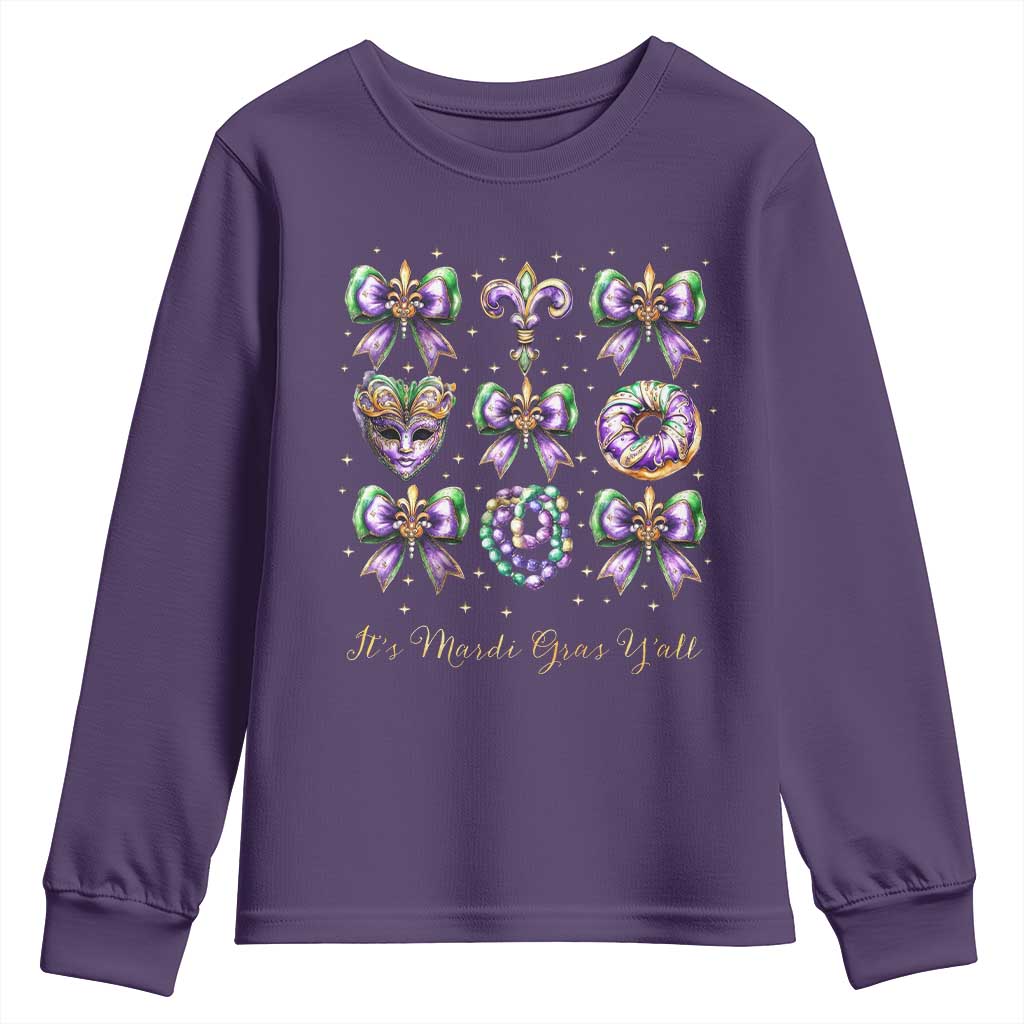 Coquette Bow Mardi Gras Youth Sweatshirt It's Mardi Gras Y'all Fleur De Lis Mask