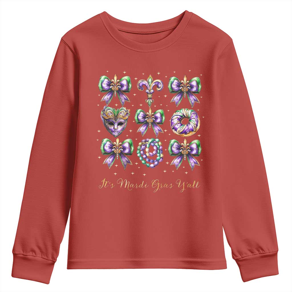 Coquette Bow Mardi Gras Youth Sweatshirt It's Mardi Gras Y'all Fleur De Lis Mask