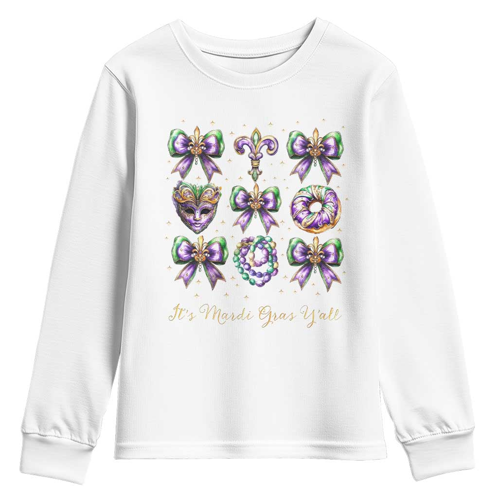 Coquette Bow Mardi Gras Youth Sweatshirt It's Mardi Gras Y'all Fleur De Lis Mask