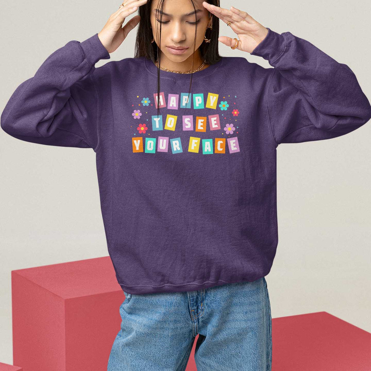 Teacher Sweatshirt Happy To See Your Face Back To School - Wonder Print Shop