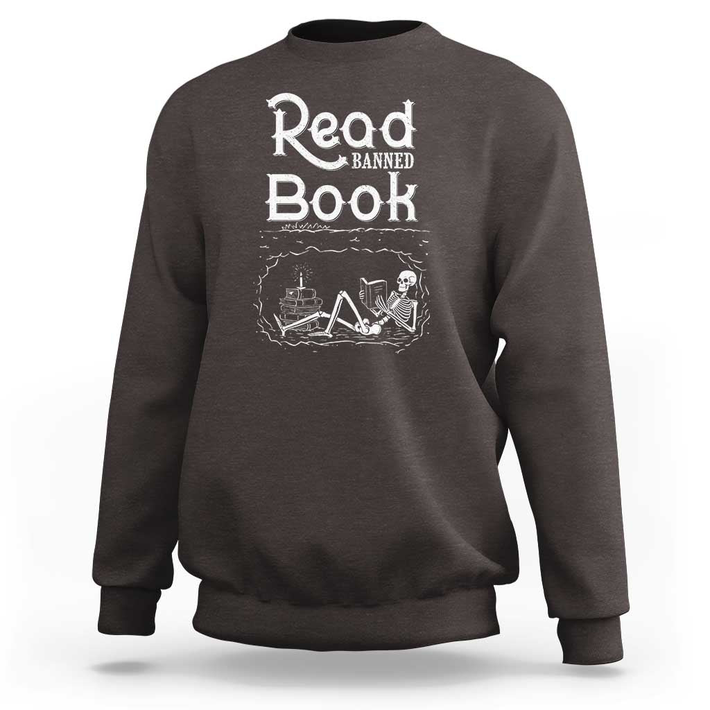 Funny Book Lover Sweatshirt Read Banned Books Skeleton - Wonder Print Shop