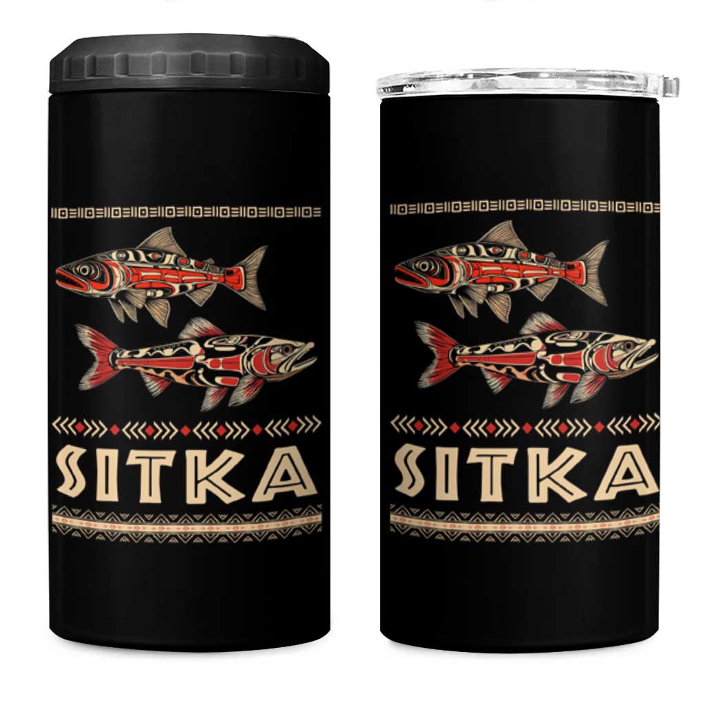 Native American Alaska 4 in 1 Can Cooler Tumbler Sitka Salmon Fishermen Art