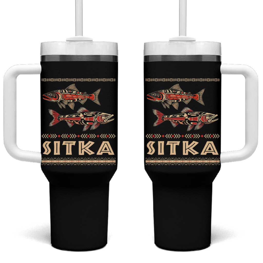 Native American Alaska Tumbler With Handle Sitka Salmon Fishermen Art