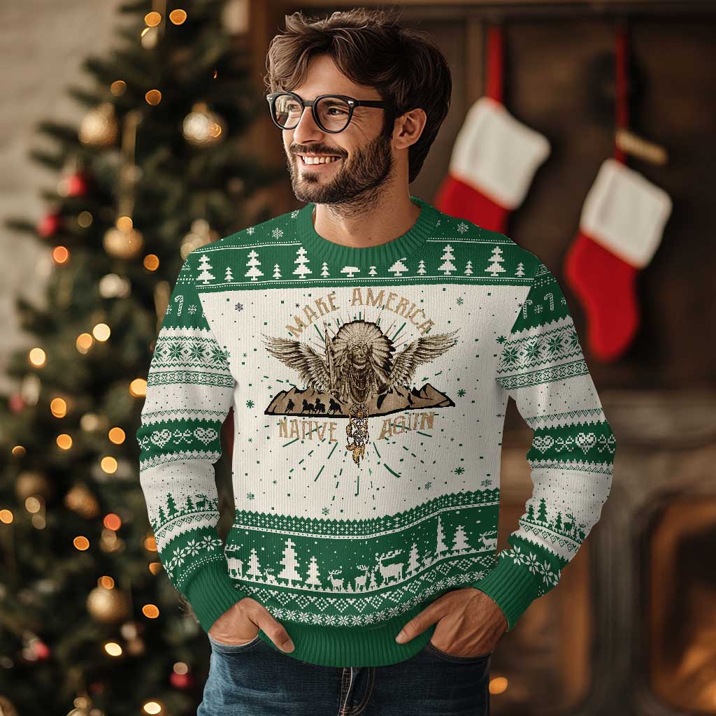 Native American Ugly Christmas Sweater Make America Native Again Wild Life - Wonder Print Shop