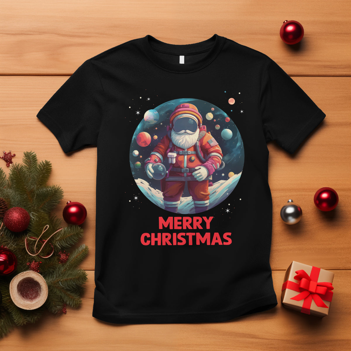 Christmas T Shirt Santa Astronaut Xmas Space Colorful Planet - Wonder Print Shop