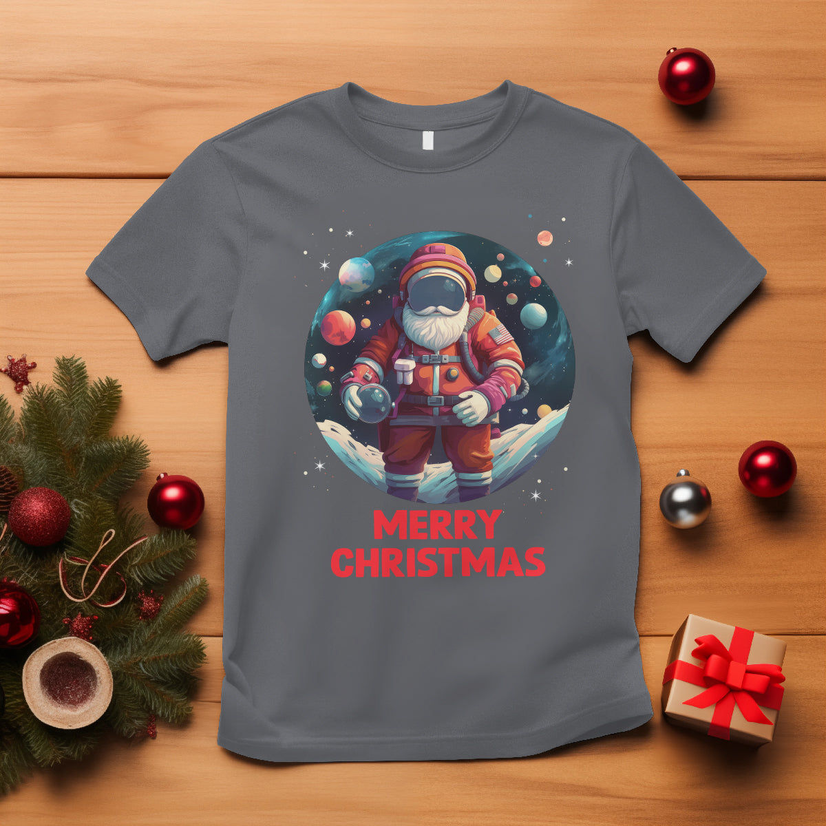 Christmas T Shirt Santa Astronaut Xmas Space Colorful Planet - Wonder Print Shop