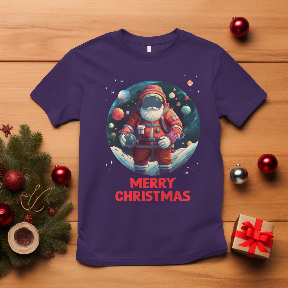Christmas T Shirt Santa Astronaut Xmas Space Colorful Planet - Wonder Print Shop