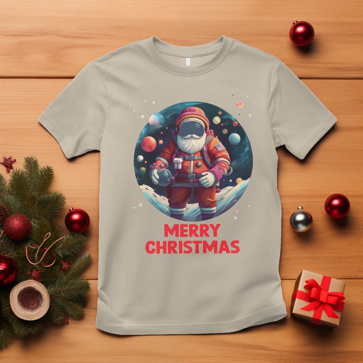 Christmas T Shirt Santa Astronaut Xmas Space Colorful Planet - Wonder Print Shop