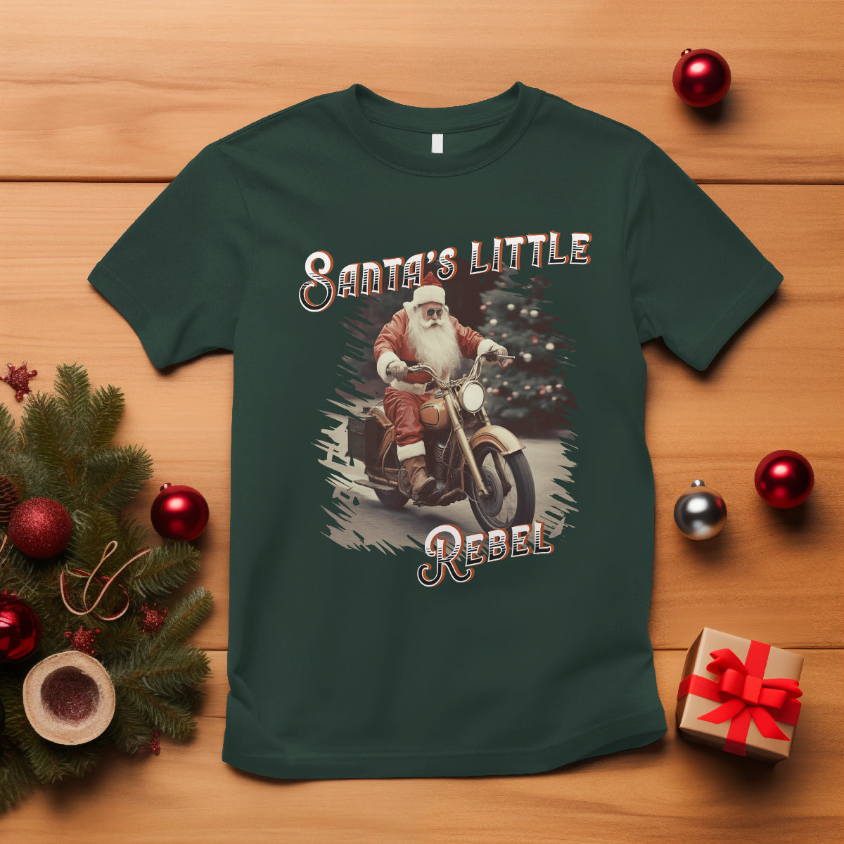 Christmas T Shirt Santa's Little Rebel Rinding Motorcycle Vintage Xmas - Wonder Print Shop