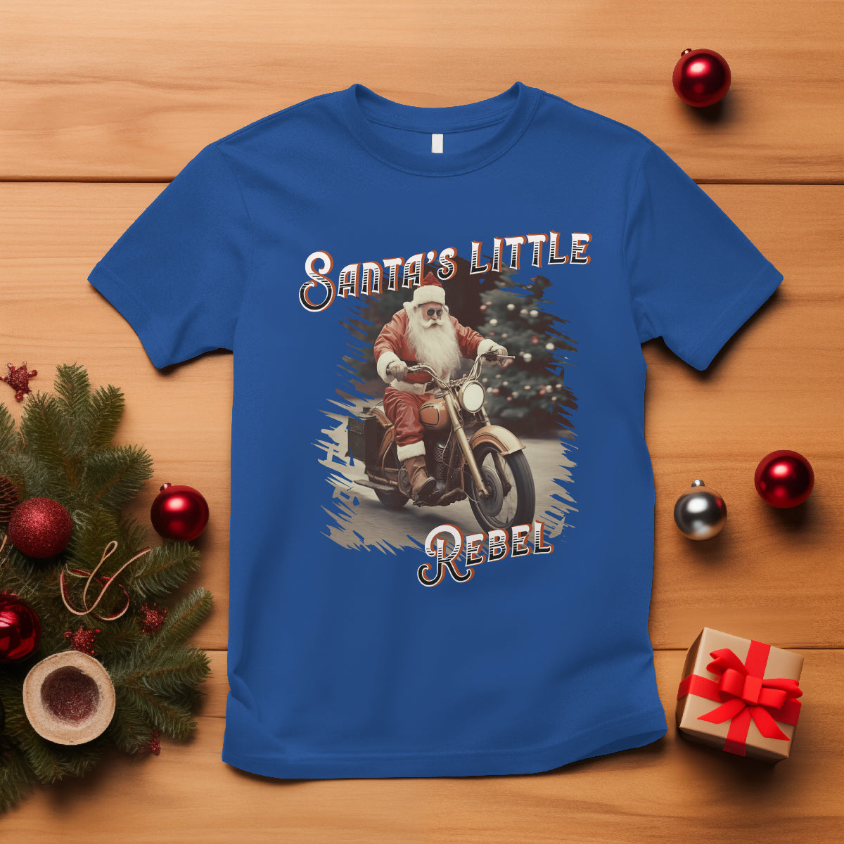 Christmas T Shirt Santa's Little Rebel Rinding Motorcycle Vintage Xmas - Wonder Print Shop