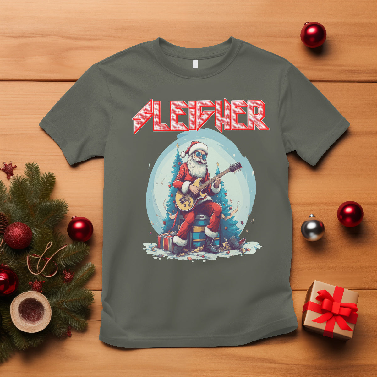 Sleigher Hail Santa Heavy Metal Christmas Rock T Shirt - Wonder Print Shop