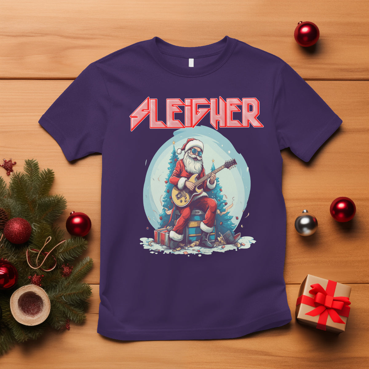Sleigher Hail Santa Heavy Metal Christmas Rock T Shirt - Wonder Print Shop
