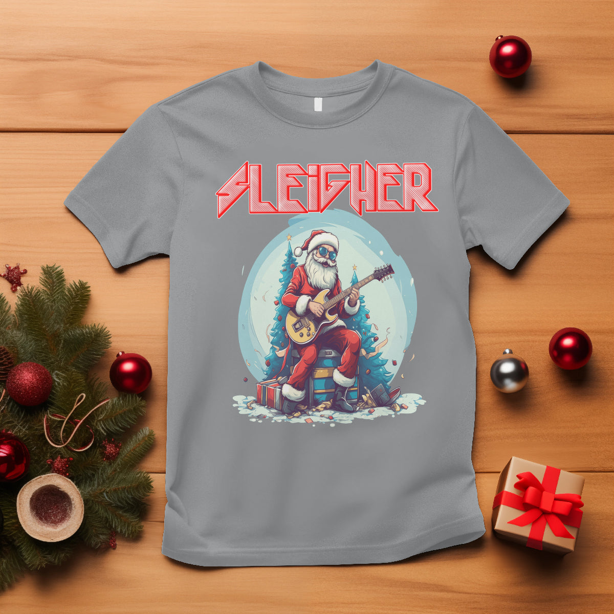 Sleigher Hail Santa Heavy Metal Christmas Rock T Shirt - Wonder Print Shop