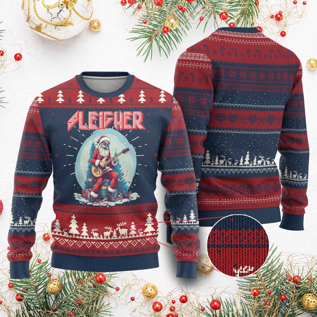 Xmas Heavy Metal Ugly Christmas Sweater Sleigher Hail Santa Playing Guitar - Wonder Print Shop