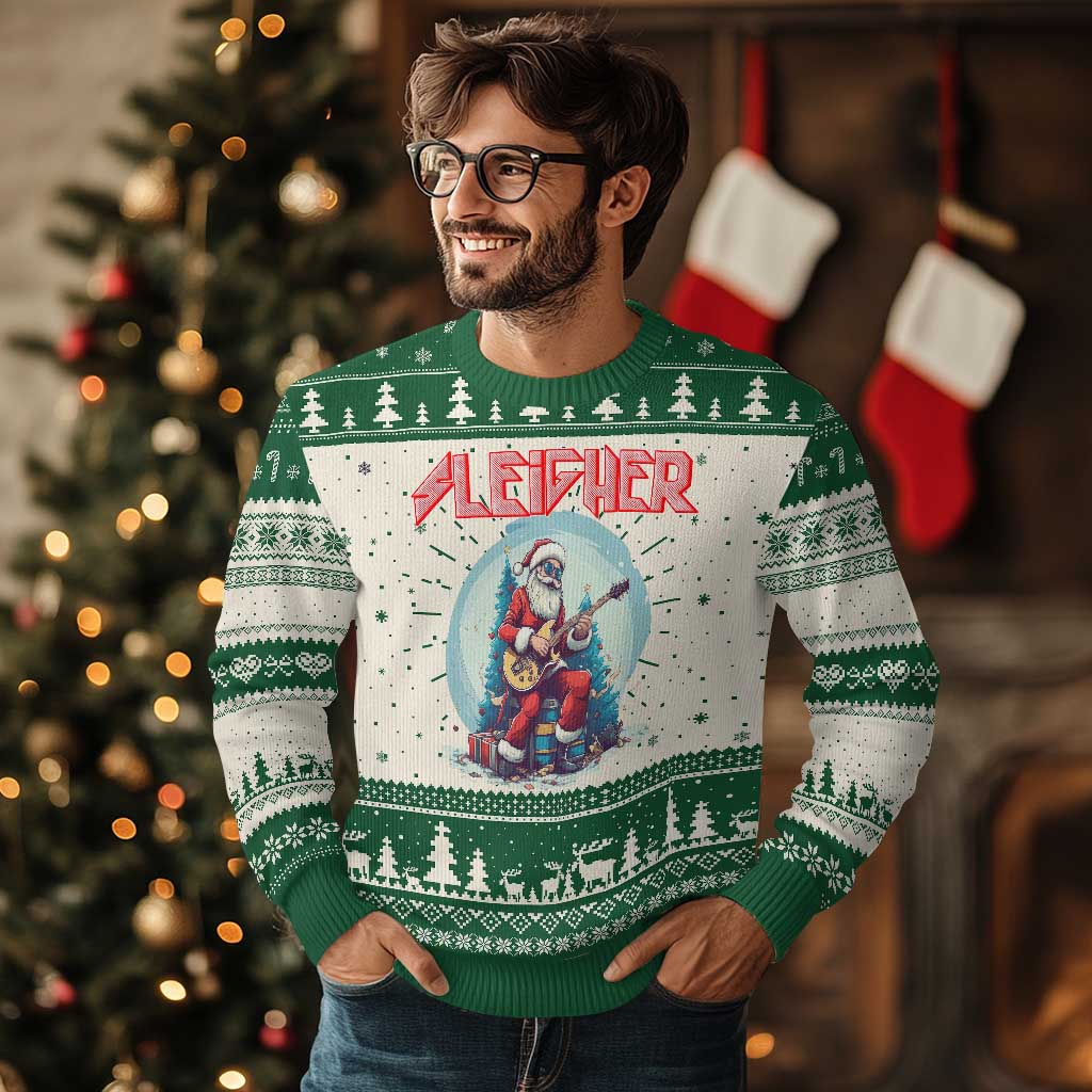 Xmas Heavy Metal Ugly Christmas Sweater Sleigher Hail Santa Playing Guitar - Wonder Print Shop