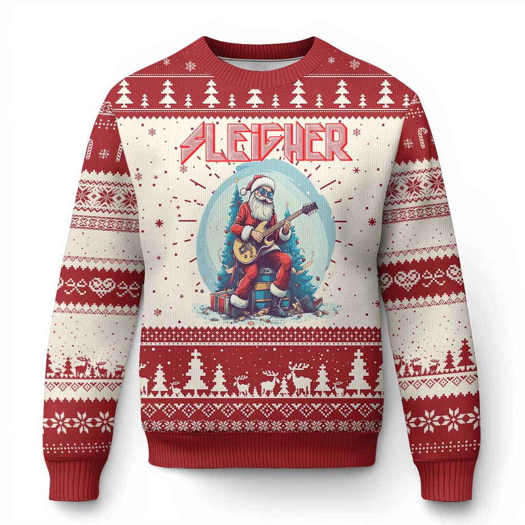 Xmas Heavy Metal Ugly Christmas Sweater Sleigher Hail Santa Playing Guitar - Wonder Print Shop
