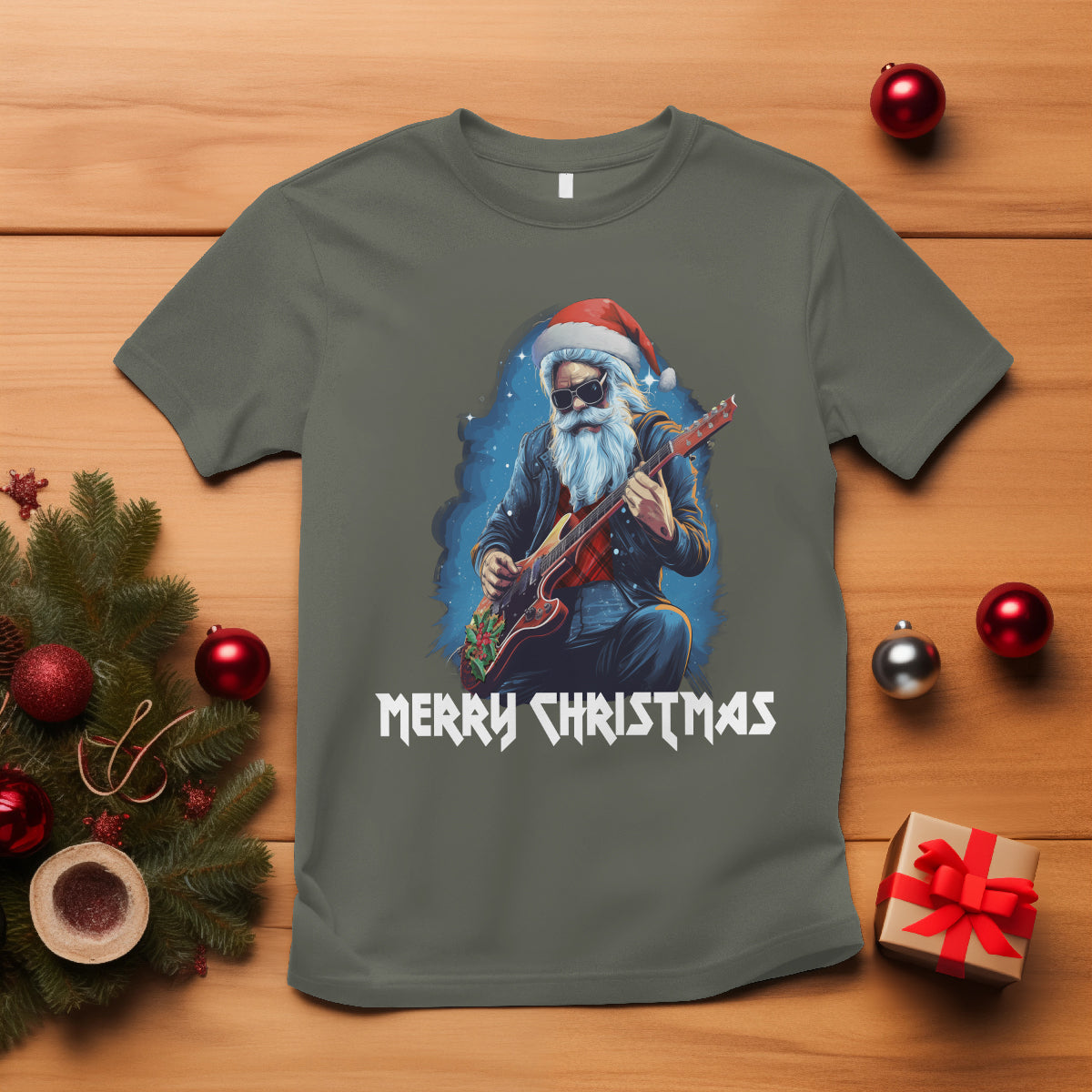 Christmas T Shirt Sleigher Hail Santa Rock Electric Guitar Cool Xmas - Wonder Print Shop