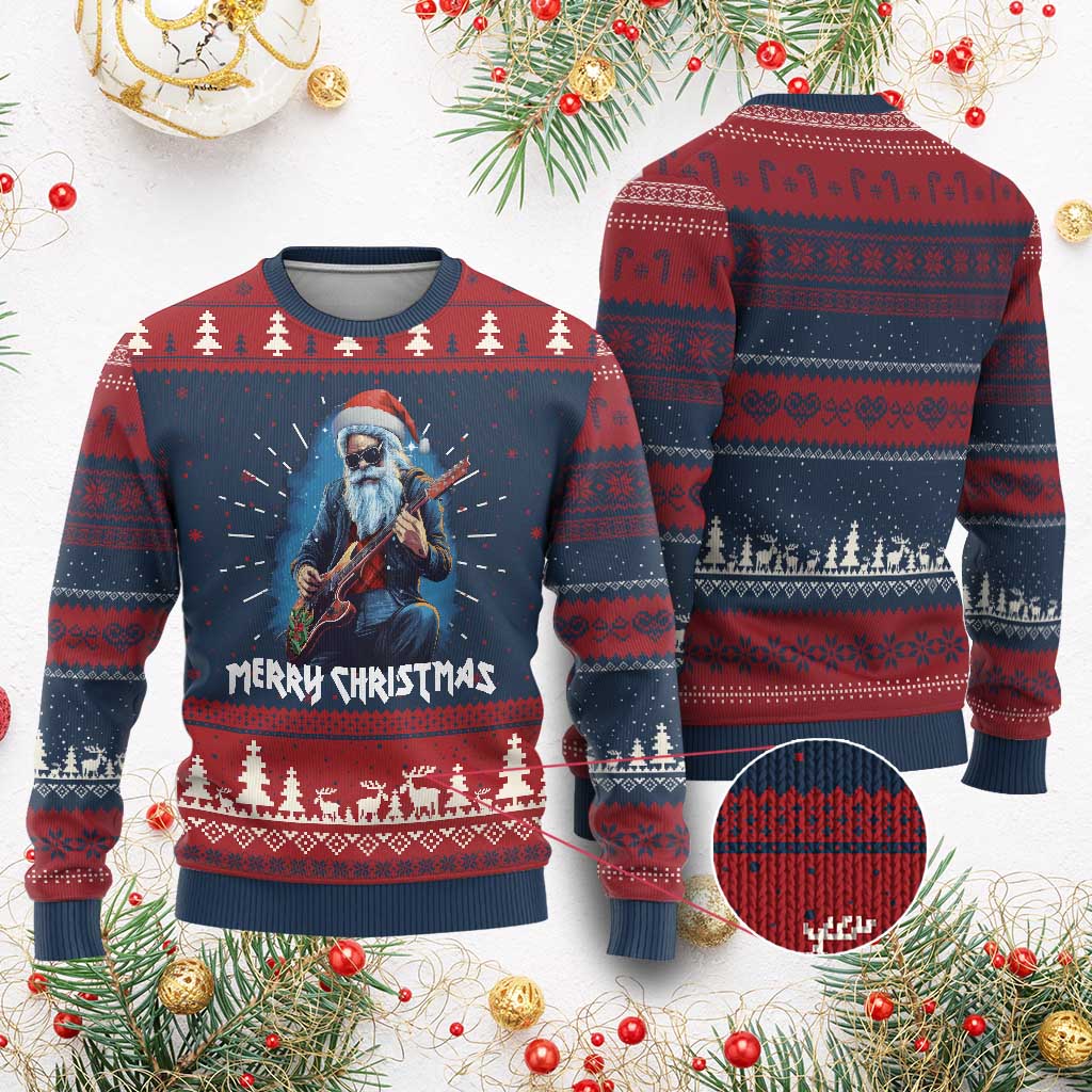 Xmas Rock Lover Ugly Christmas Sweater Sleigher Hail Santa Electric Guitar - Wonder Print Shop