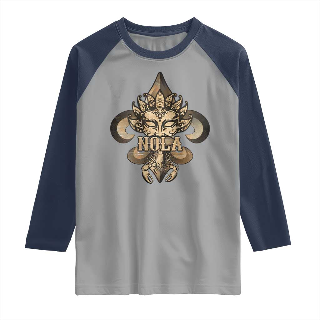 NOLA New Orleans Louisiana Raglan Shirt Mardi Gras Mask Fleur De Lis