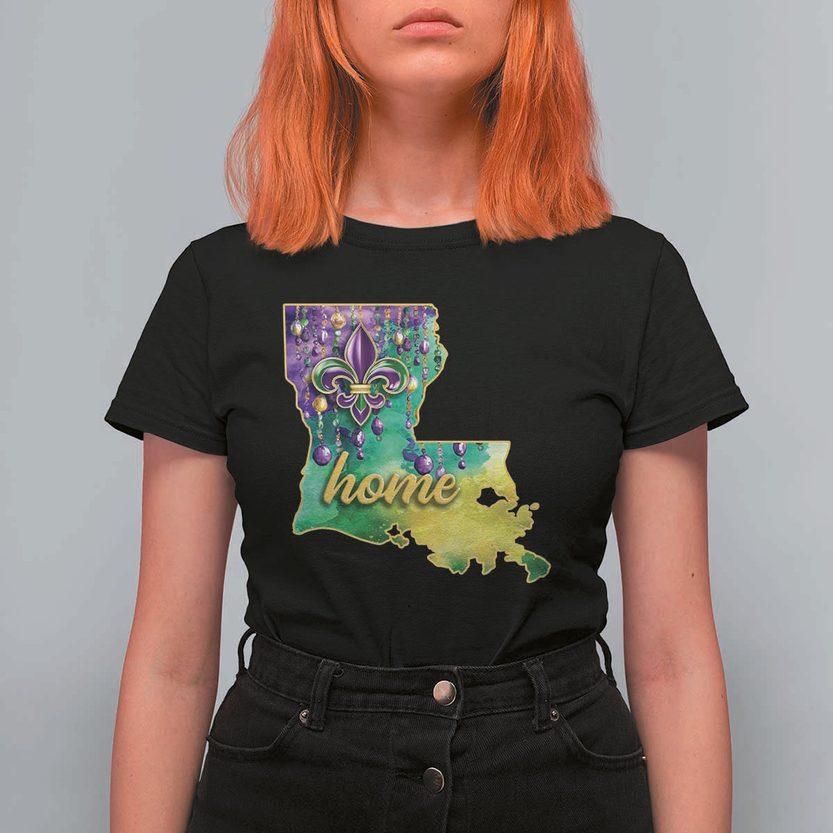 Home Louisiana T Shirt For Women Mardi Gras Fleur De Lis LA Map