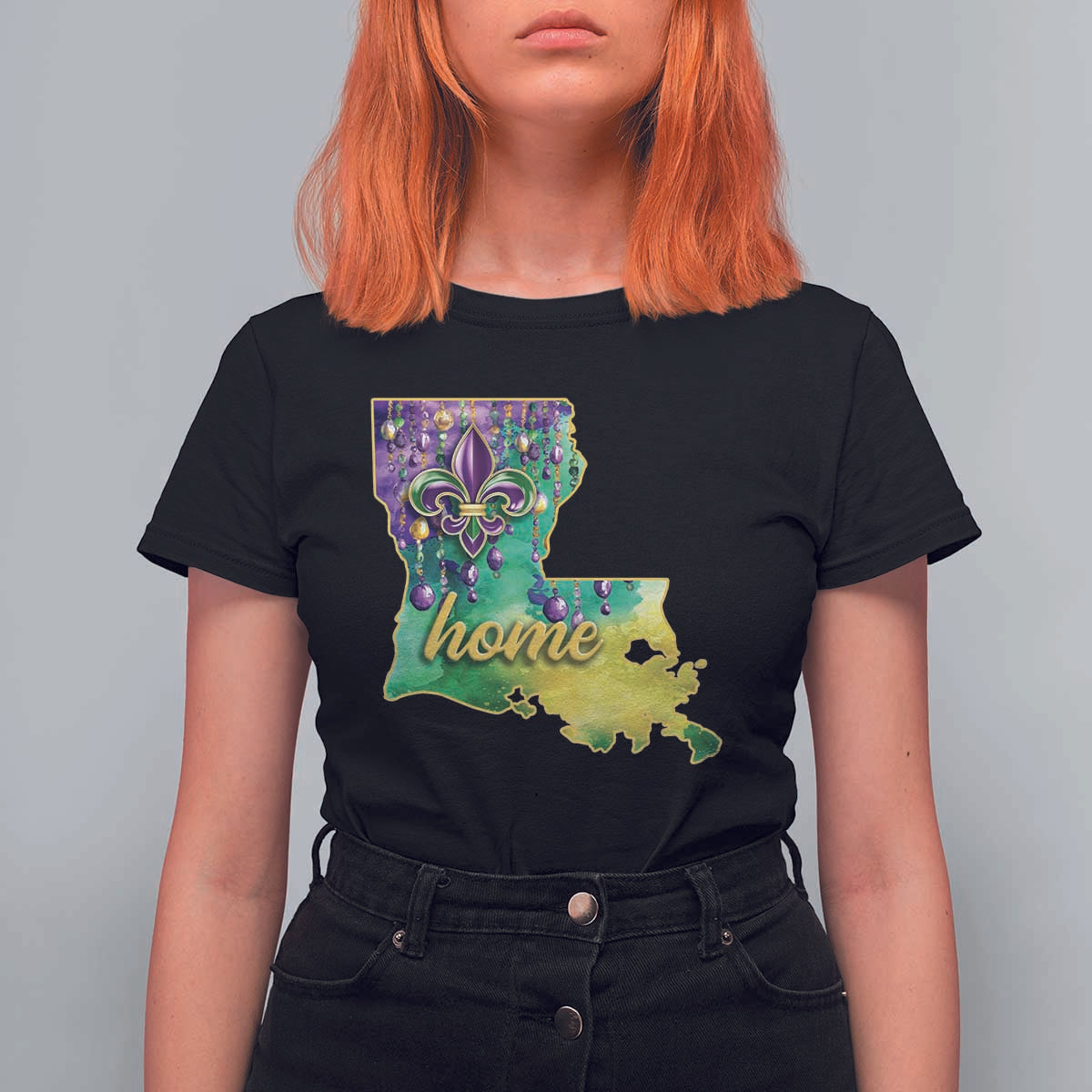 Home Louisiana T Shirt For Women Mardi Gras Fleur De Lis LA Map