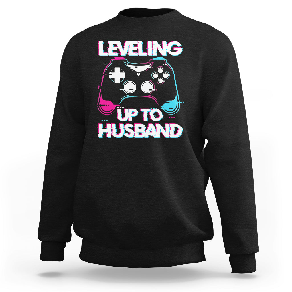 Engagement Sweatshirt Leveled Up To Husband Funny Gamer Vaporwave Newly Engaged Couple Matching - Wonder Print Shop