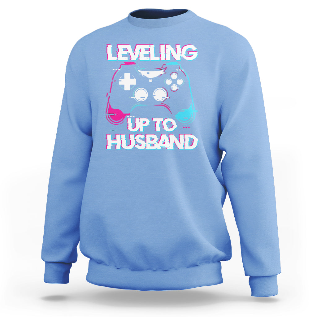Engagement Sweatshirt Leveled Up To Husband Funny Gamer Vaporwave Newly Engaged Couple Matching - Wonder Print Shop