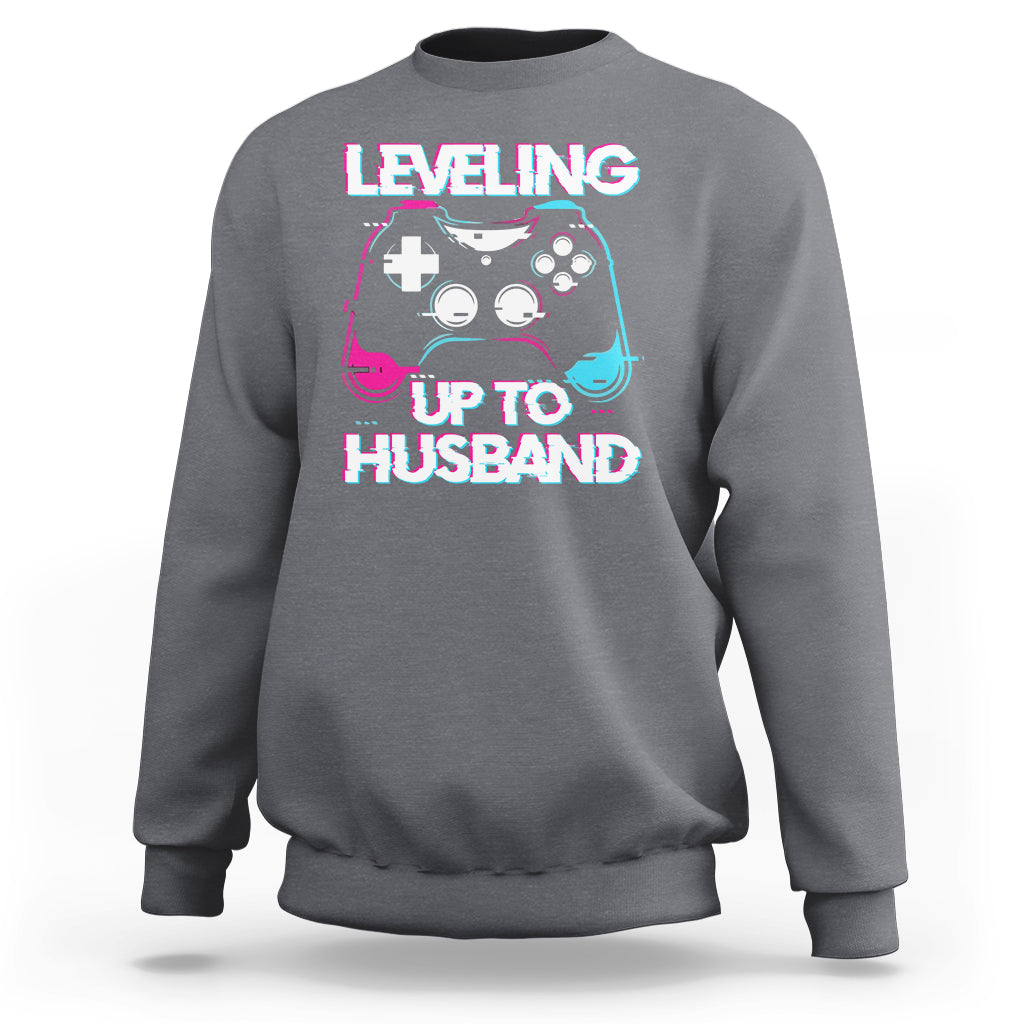 Engagement Sweatshirt Leveled Up To Husband Funny Gamer Vaporwave Newly Engaged Couple Matching - Wonder Print Shop