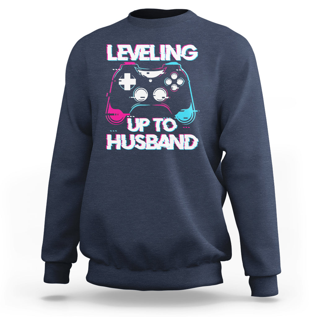 Engagement Sweatshirt Leveled Up To Husband Funny Gamer Vaporwave Newly Engaged Couple Matching - Wonder Print Shop