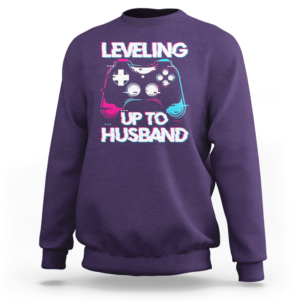 Engagement Sweatshirt Leveled Up To Husband Funny Gamer Vaporwave Newly Engaged Couple Matching - Wonder Print Shop