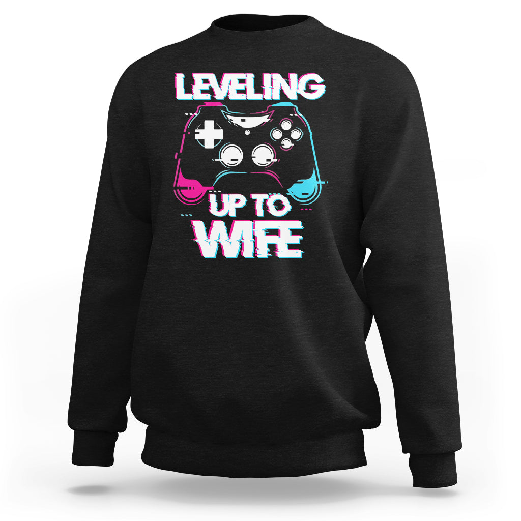 Engagement Sweatshirt Leveled Up To WIfe Funny Gamer Vaporwave Newly Engaged Couple Matching - Wonder Print Shop