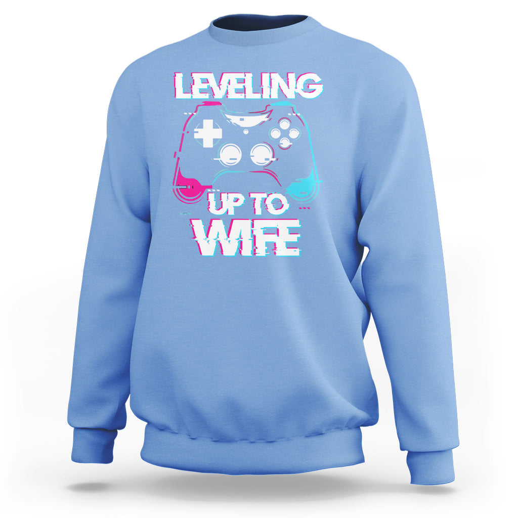 Engagement Sweatshirt Leveled Up To WIfe Funny Gamer Vaporwave Newly Engaged Couple Matching - Wonder Print Shop