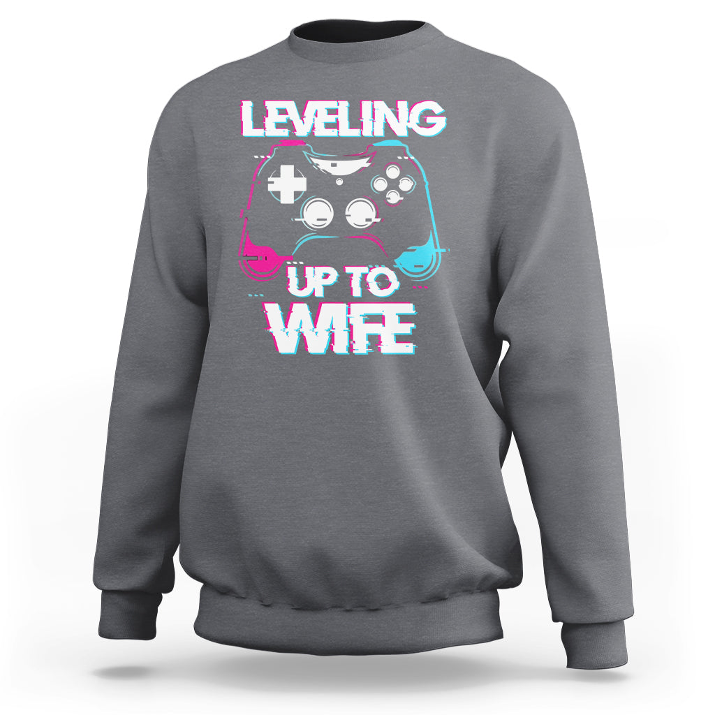 Engagement Sweatshirt Leveled Up To WIfe Funny Gamer Vaporwave Newly Engaged Couple Matching - Wonder Print Shop