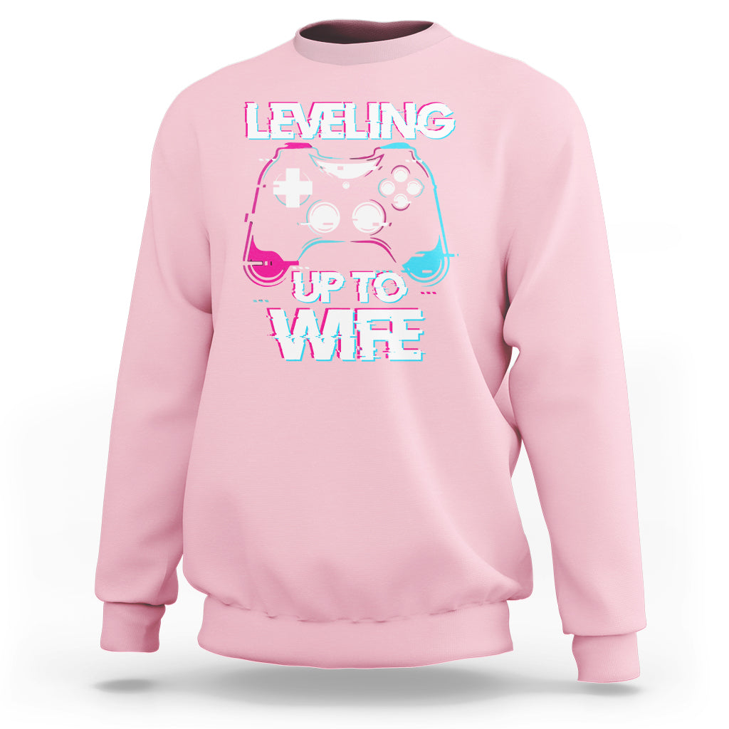 Engagement Sweatshirt Leveled Up To WIfe Funny Gamer Vaporwave Newly Engaged Couple Matching - Wonder Print Shop