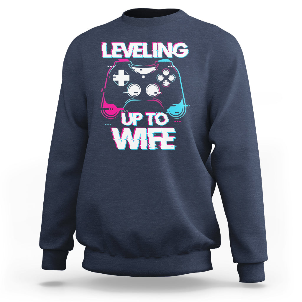 Engagement Sweatshirt Leveled Up To WIfe Funny Gamer Vaporwave Newly Engaged Couple Matching - Wonder Print Shop