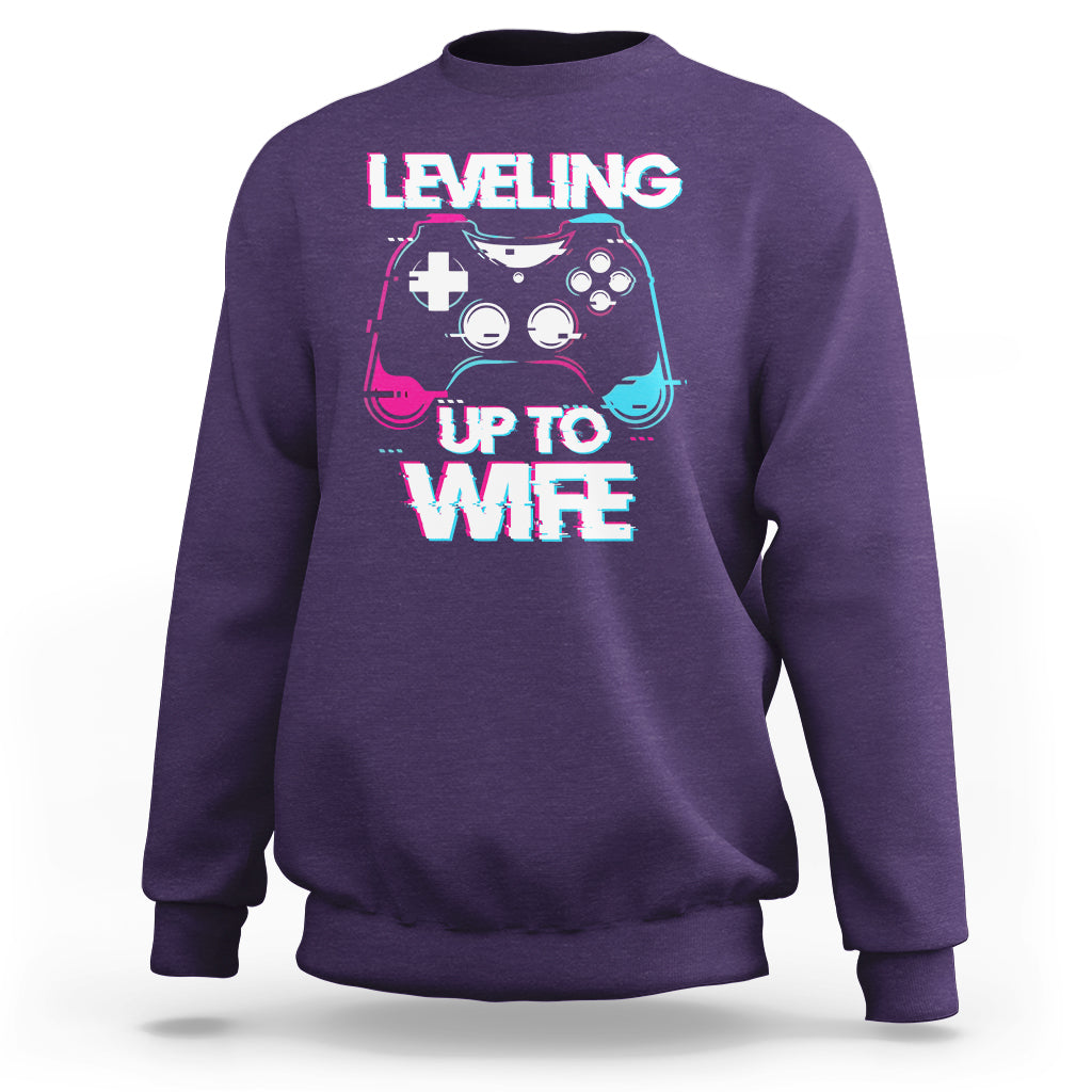 Engagement Sweatshirt Leveled Up To WIfe Funny Gamer Vaporwave Newly Engaged Couple Matching - Wonder Print Shop