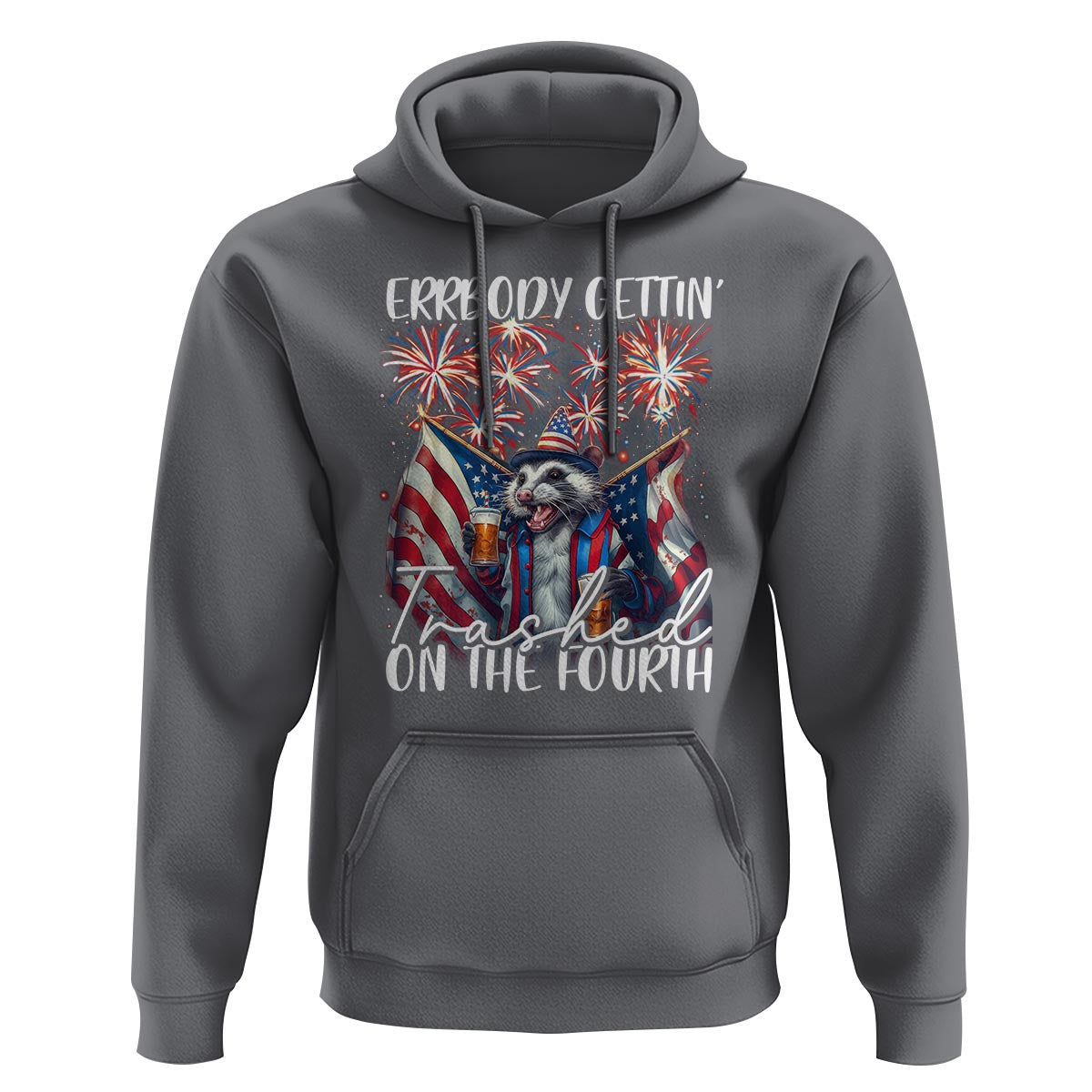 Funny 4th Of July Drinking Hoodie Everybody Gettin' Trashed On the Fourth American Opossum Patriotic Party - Wonder Print Shop