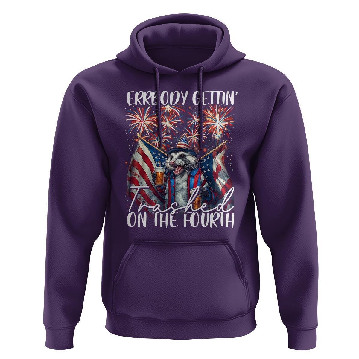 Funny 4th Of July Drinking Hoodie Everybody Gettin' Trashed On the Fourth American Opossum Patriotic Party - Wonder Print Shop