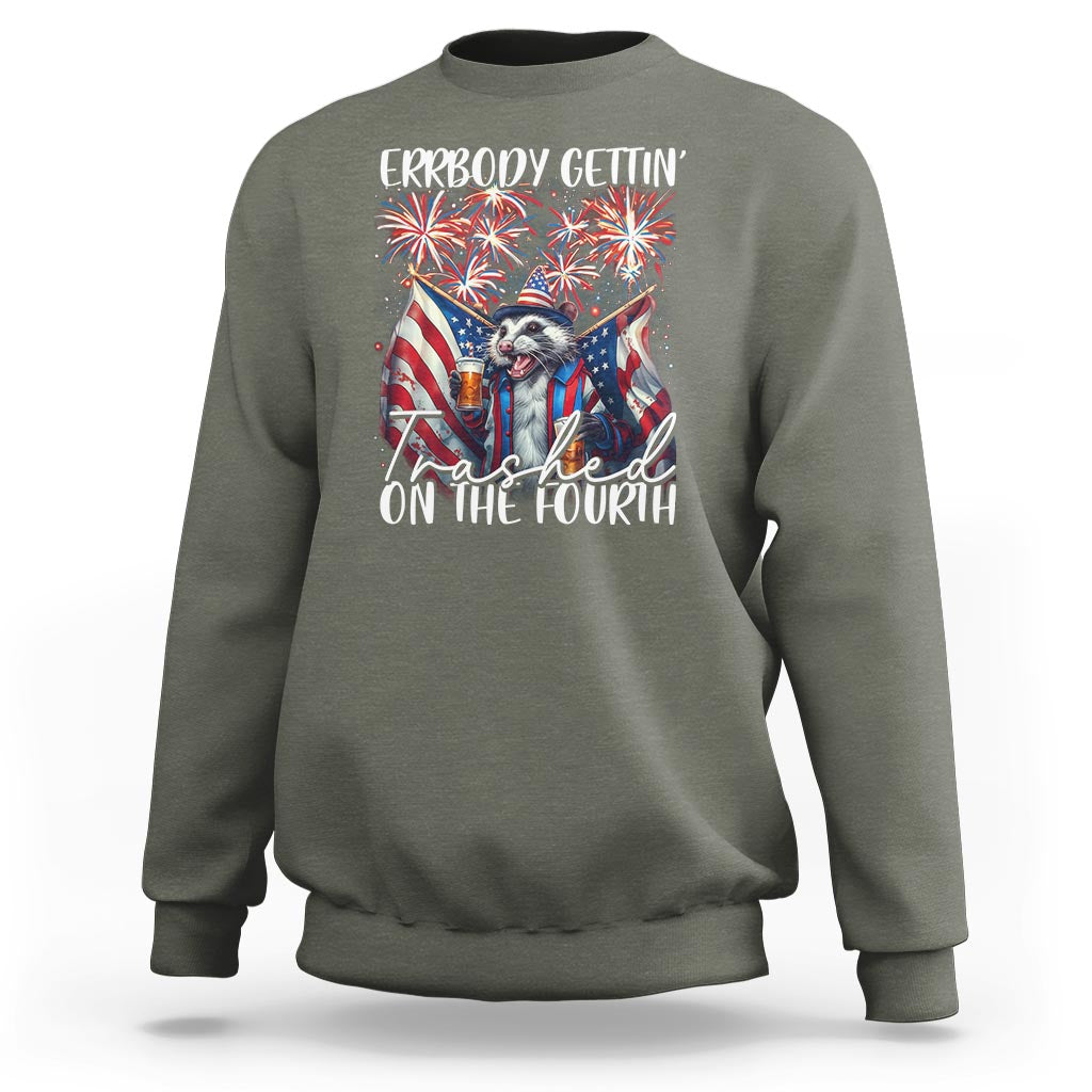 Funny 4th Of July Drinking Sweatshirt Everybody Gettin' Trashed On the Fourth American Opossum Patriotic Party - Wonder Print Shop