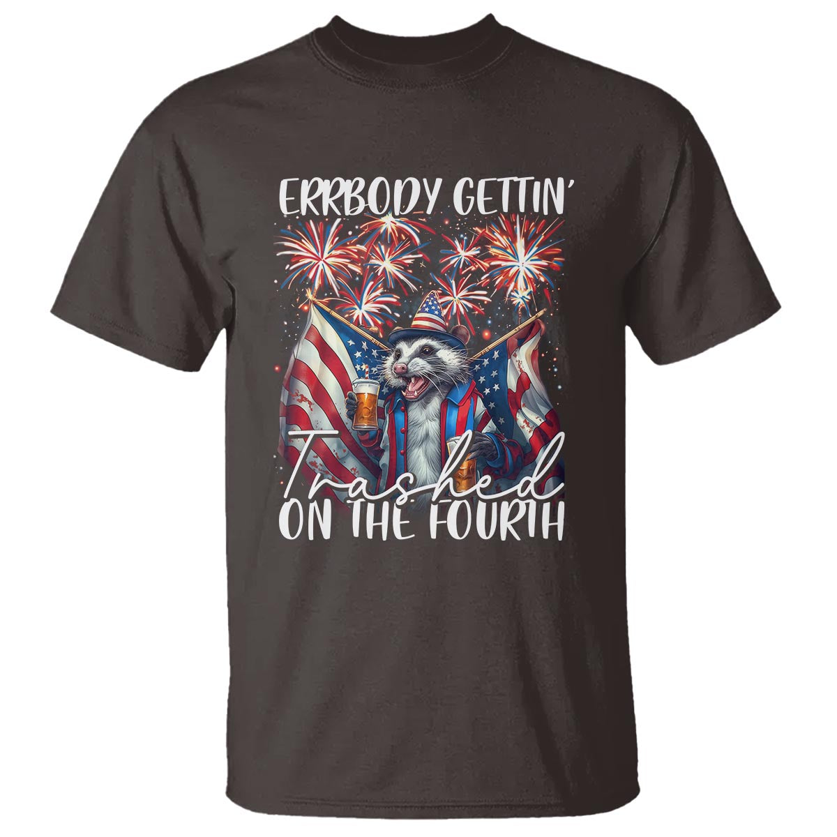 Funny 4th Of July Drinking T Shirt Everybody Gettin' Trashed On the Fourth American Opossum Patriotic Party - Wonder Print Shop