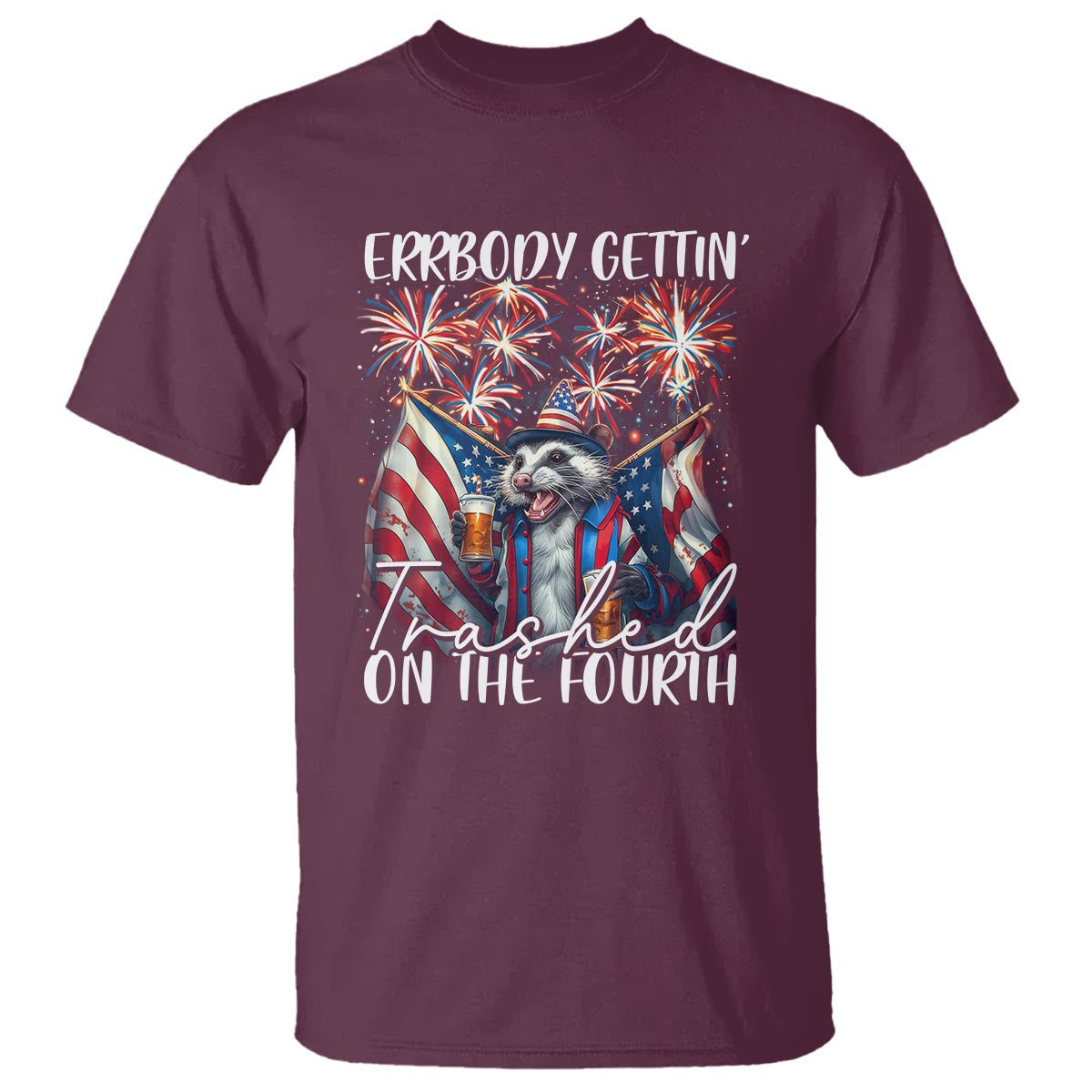 Funny 4th Of July Drinking T Shirt Everybody Gettin' Trashed On the Fourth American Opossum Patriotic Party - Wonder Print Shop