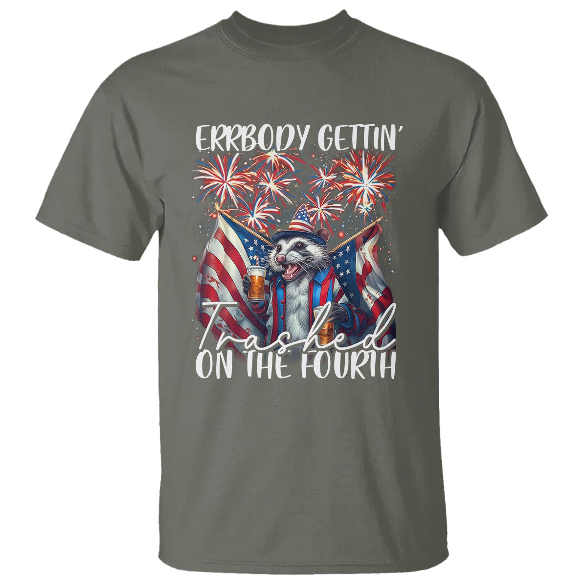 Funny 4th Of July Drinking T Shirt Everybody Gettin' Trashed On the Fourth American Opossum Patriotic Party - Wonder Print Shop
