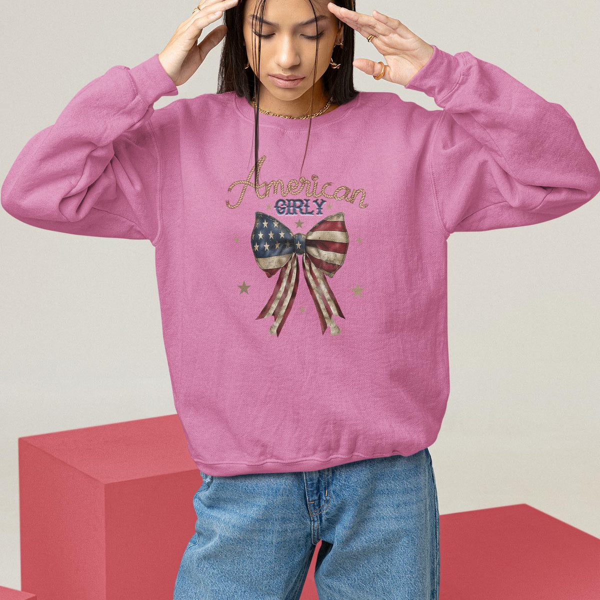 American Girly Sweatshirt Coquette Girl Vintage 4th Of July - Wonder Print Shop