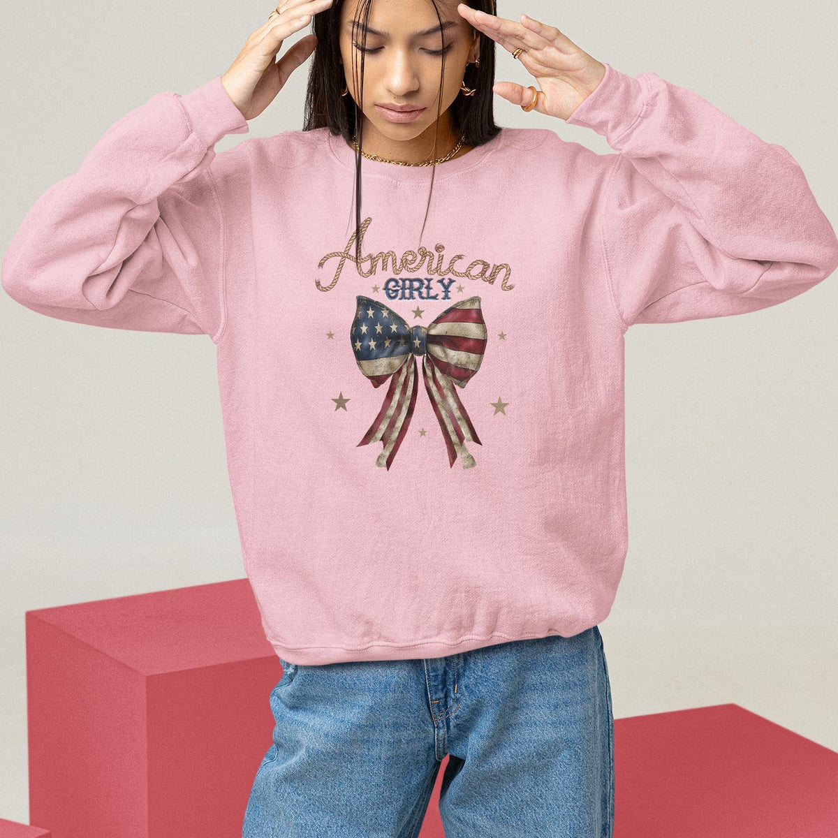 American Girly Sweatshirt Coquette Girl Vintage 4th Of July - Wonder Print Shop